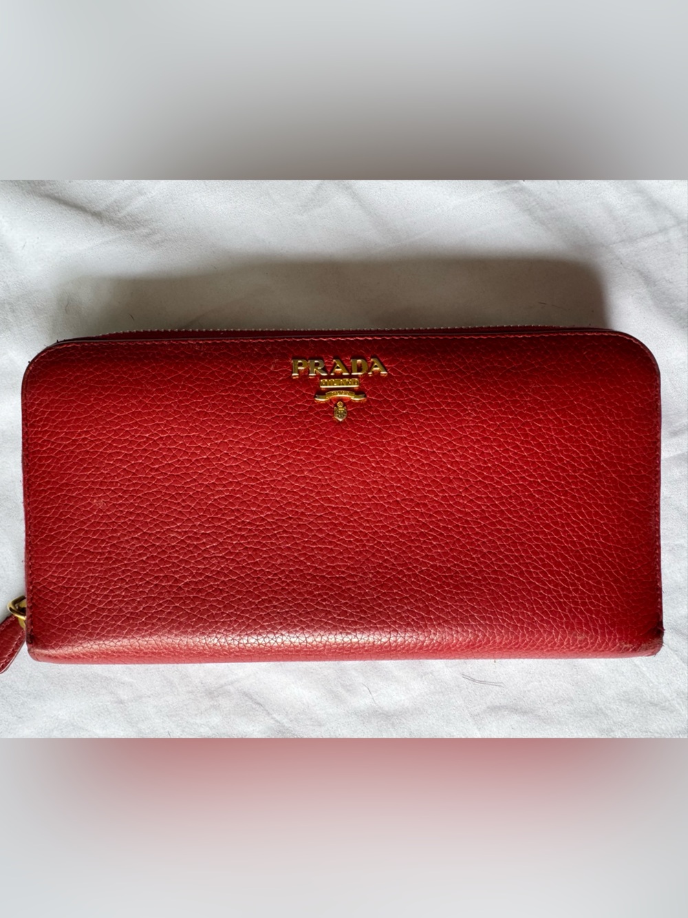 Prada Red Leather Zip-Around Wallet with Gold Logo and Blue interior